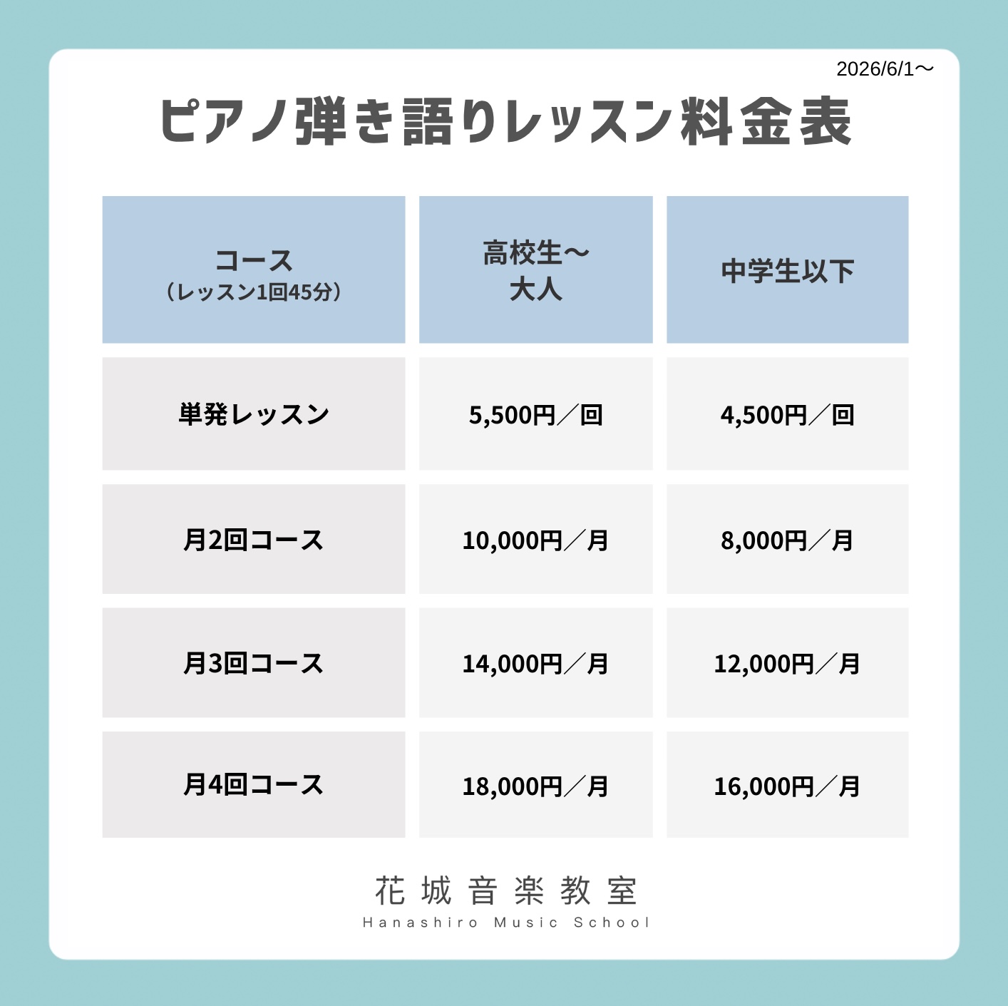 ピアノ弾き語り料金表