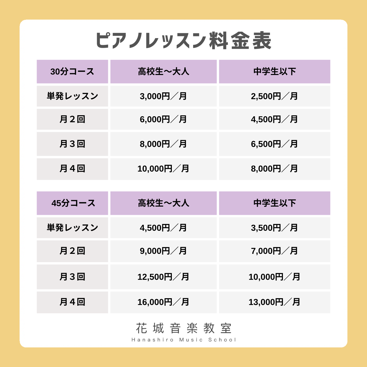 ピアノ料金表